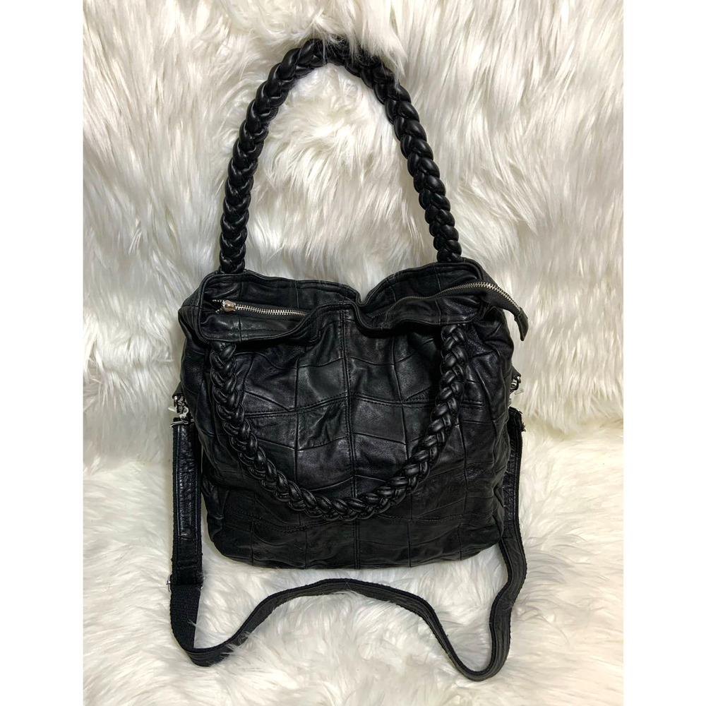 Women's Patchwork Design Double Handle Braided Leather Crossbody Handbag Black